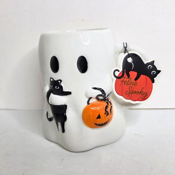 Ghost Mug Feline Spooky Sunday Morning Ceramics Cat Pumpkin Halloween - NEW - Picture 2 of 8